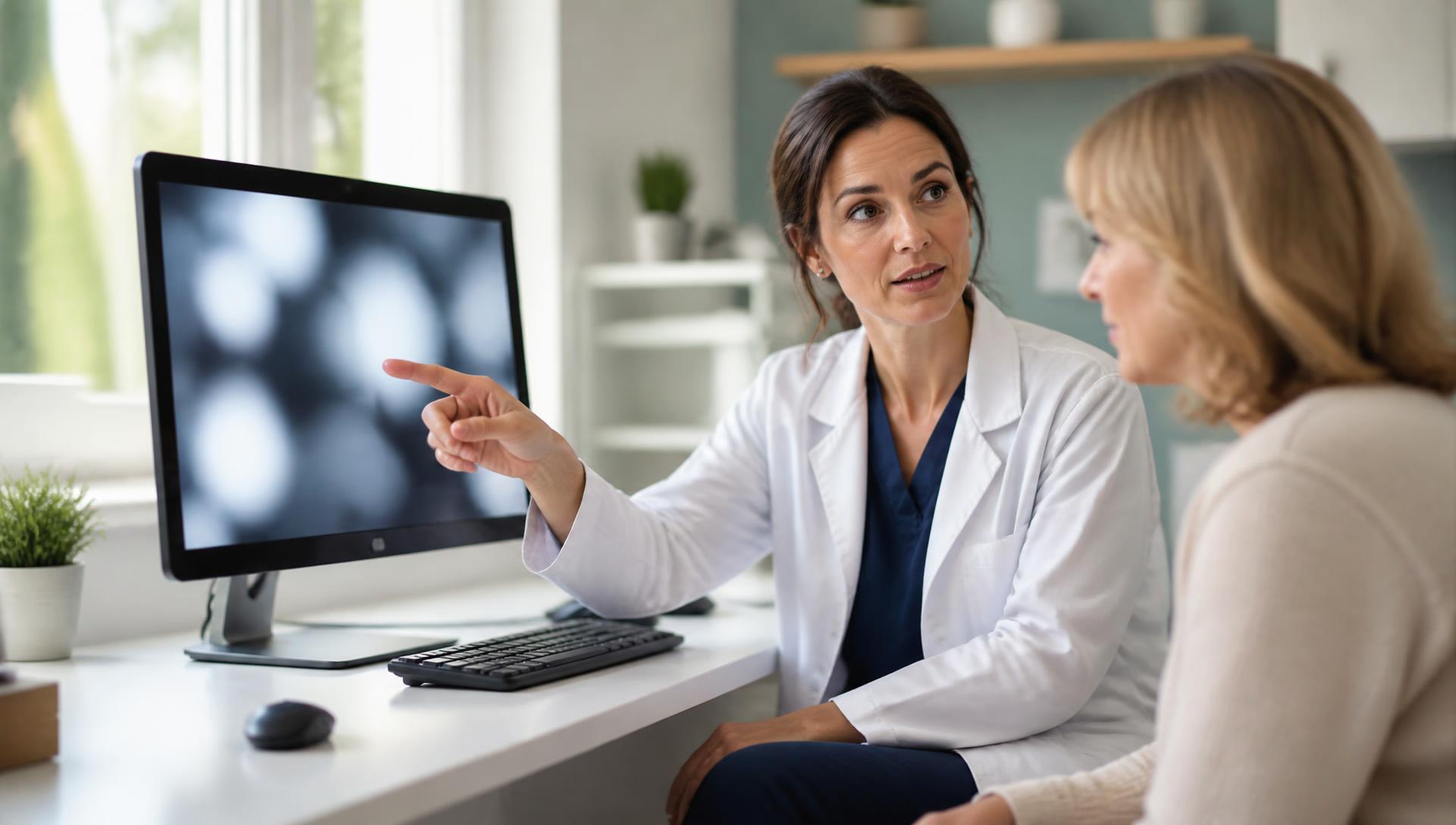 Ärztin erläutert einer Patientin ruhig eine Darstellung am Monitor