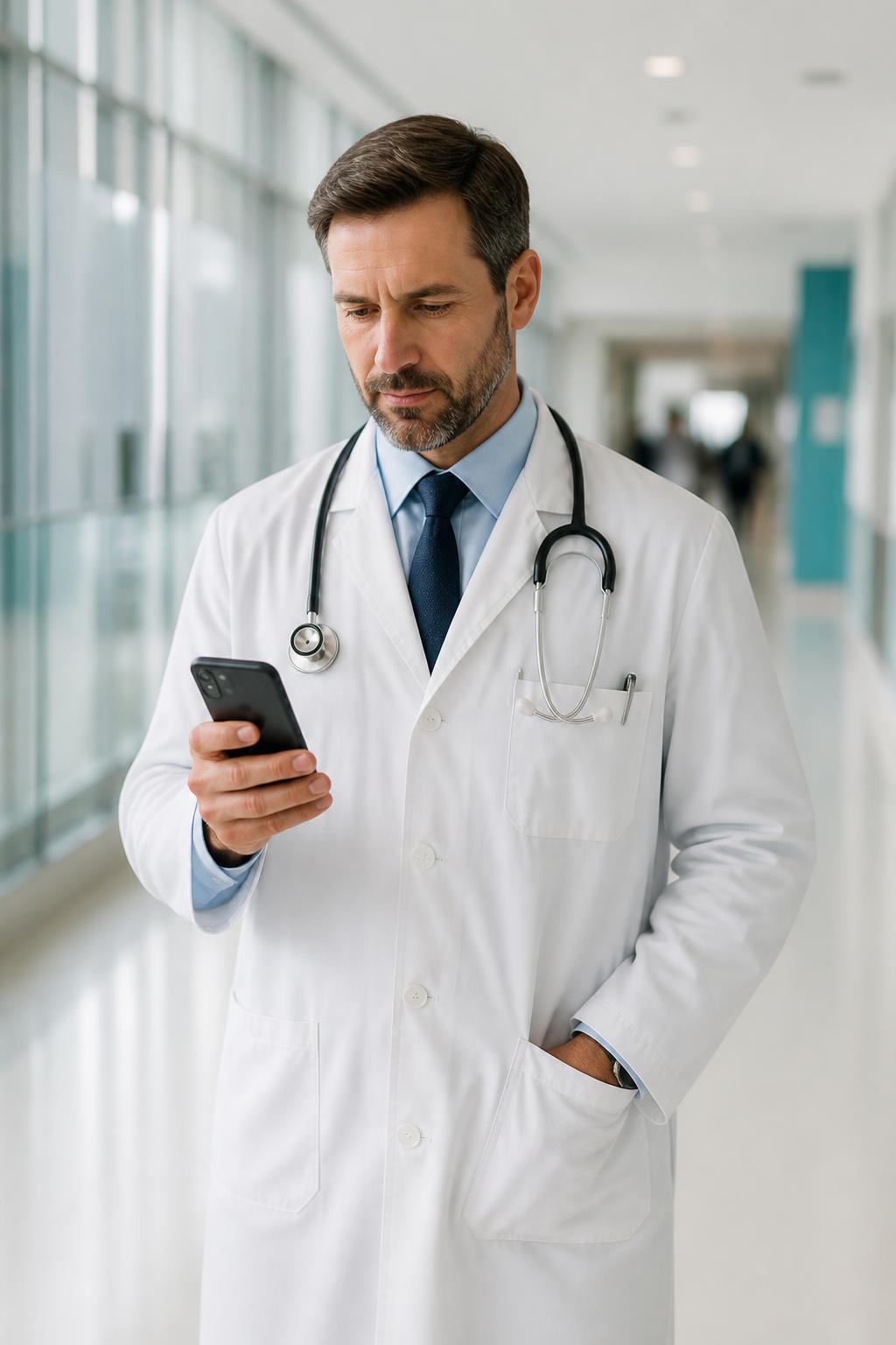 Arzt schaut im Klinikflur auf ein Smartphone